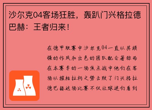 沙尔克04客场狂胜，轰趴门兴格拉德巴赫：王者归来！